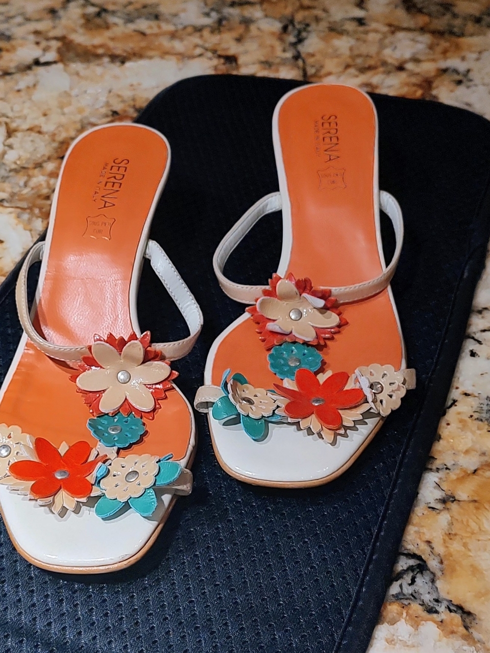 Selena Floral Leather Slide Sandals in Orange, White and Turquoise